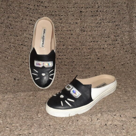 KARL LAGERFELD-CHOUPETTE-Emilia-Black Cat Mule w/KL Sunglasses-Sz 6-Excellent - Picture 1 of 8